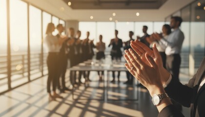 Business team applauding during a corporate meeting at sunset, symbolizing success, recognition, teamwork and leadership in a modern high-rise office environment