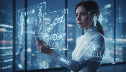 Futuristic woman interacting with holographic medical data, symbolizing innovation, digital health, artificial intelligence and the evolution of healthcare technology in modern science