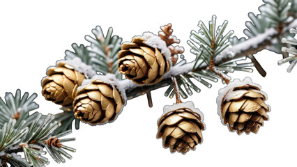 Festive pine cones and evergreen branches decorated with golden accents, perfect for seasonal holiday backgrounds and Christmas-themed designs.