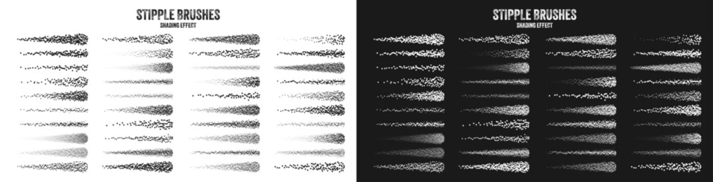 Ink scatter brush, stipple drawing and texturing. Fading gradient. Stippling, dotwork drawing, shading using dots. Halftone disintegration effect. White noise grainy texture. Vector illustration.