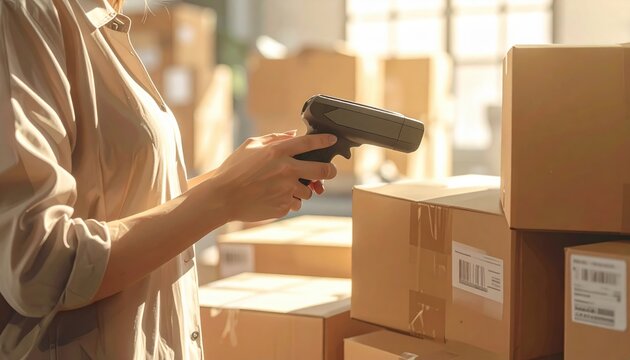 Woman scans packages in a warehouse using barcode reader, reflecting modern logistics, e-commerce efficiency, and inventory control processes within global business operations - Powered by Adobe