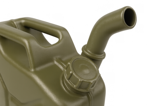 Fuel jerrycan with pouring spout, green plastic container storing gasoline for emergency or off-road use