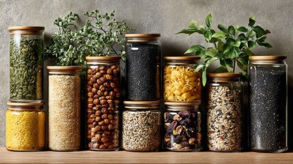 In a warm kitchen, a family transforms glass jars into beautiful storage options. They organize grains, pasta, and snacks surrounded by green plants, making the space inviting and creative