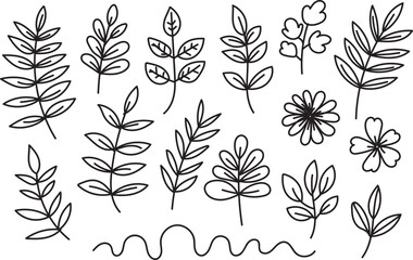 Hand Drawn Botanical Doodle Leaf and Flower Outline Set with Natural Line Art Elements