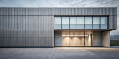 Modern architectural design featuring a sleek, minimalist building with a textured facade and expansive glass windows, illuminated at dusk.