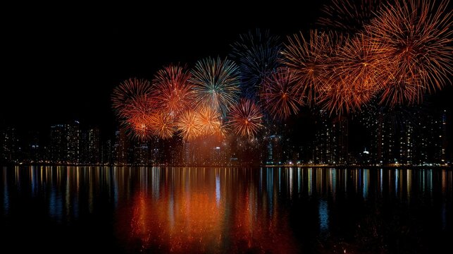Fireworks Display Over City Skyline With Reflections On Water. Celebratory Night Scene With Vibrant Colors - Powered by Adobe