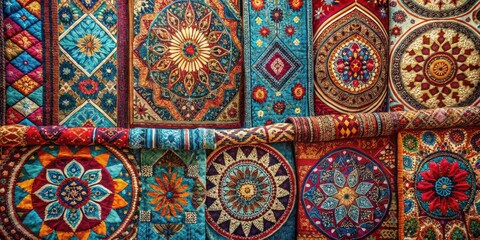 A vibrant tapestry of richly embroidered textiles, showcasing intricate floral and geometric patterns in a dazzling array of jewel tones and luxurious textures.