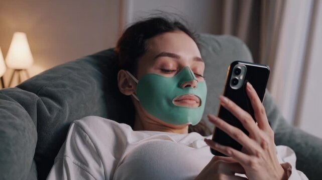 Young woman relaxing on a sofa at home with a teal silicone face mask, scrolling social media on her smartphone in an evening self-care skincare routine, wellness break, warm lamp light