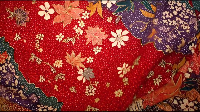 Vibrant Floral Batik Fabric Pattern with Intricate Gold Details and Rich Color