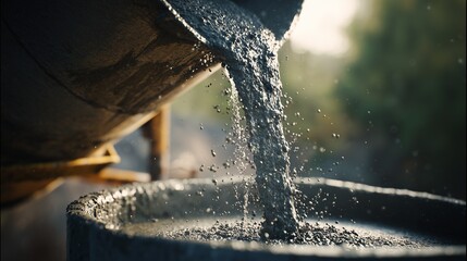 Close wet concrete pouring from industrial cement mixer, construction process detail