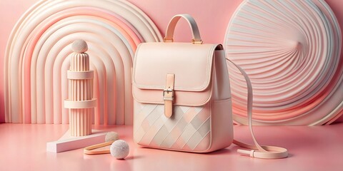 Pastel Backpack Fashion Photography A Stylish Pink Leather Bag on a Soft Pink Background with Abstract Sculptures