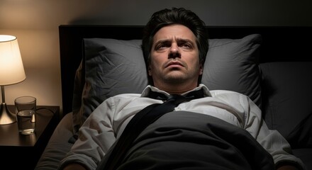Obraz premium Man in bed is awake at night with insomnia. Male struggling with sleeplessness, stress, anxiety, or depression. Mental health concept.