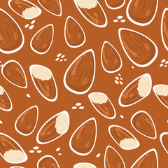 Almond seamless pattern with white outline and dark brown background. Healthy food element. Can be used for wallpaper, paper wrapping, organic food branding and decoration.