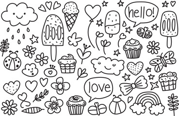 Hand Drawn Cute Doodle Set with Ice Cream Cupcake Cloud Rainbow and Fun Cartoon Elements