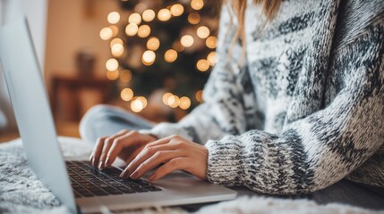 Close woman ordering Christmas gifts online on laptop, modern holiday shopping concept