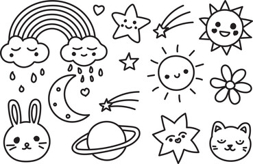 Hand Drawn Kawaii Space Doodle Set with Stars Rainbow Sun Moon and Cute Animal Faces