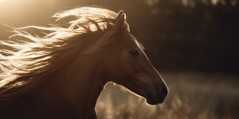 Horse in golden hour sunlight with natural warm tones and soft backlighting
