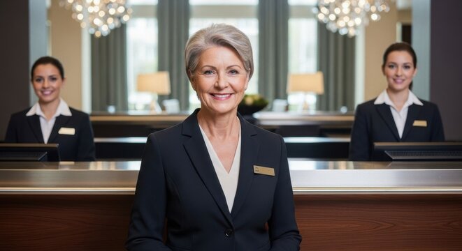 Senior woman receptionist smiling at hotel front desk with two female colleagues. Hospitable service in a luxury lobby setting. Hospitality industry professional.