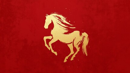 Minimalist Chinese zodiac horse symbol in gold brushstroke on red background, asian cultural art