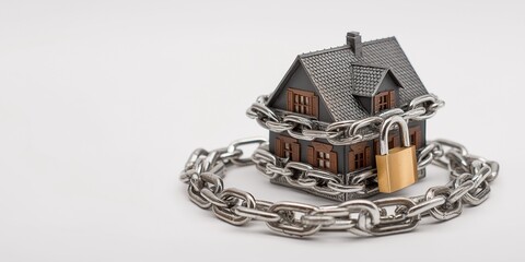 Model house wrapped in chains with padlock symbolizing security and protection