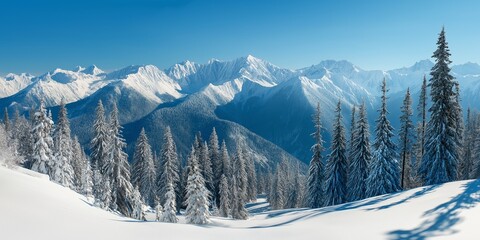 Majestic winter mountain landscape with snow covered peaks, scenic nature view