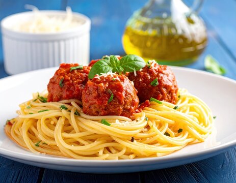 Close-up of spaghetti with meatballs, garnished with basil and cheese