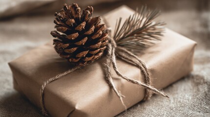 Zero waste gift concept with kraft wrapping and pine cone decoration, eco-friendly gift concept