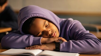 Tired African American student sleeping at his desk in a classroom. Exhausted young boy in a hoodie napping during a lesson. Student fatigue and education burnout concept - Powered by Adobe
