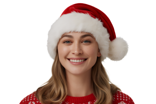 Smiling Woman Wearing Santa Hat with Festive Expression