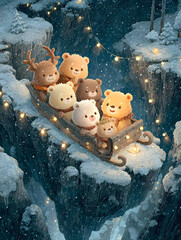 A group of cute teddy bears and a reindeer bear ride a sled down a snowy cliff illuminated by Christmas lights in a charming winter illustration