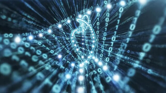 A rotating DNA helix made of digital binary code. 3D animation of genetic data and biotechnology. Futuristic science and technology concept