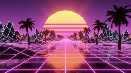 Retro futuristic sunset with neon grid palm trees landscape - Powered by Adobe