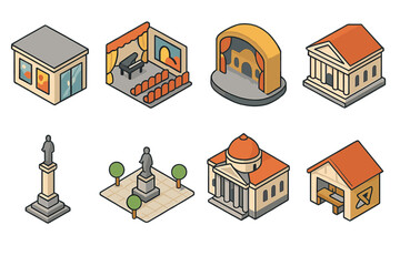 Performing arts flat icons set. featuring gallery, theater, concert, museum, statue, opera, and amphitheater symbols