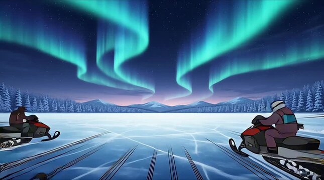 Two snowmobiles race across a frozen lake under the vibrant glow of the aurora borealis, with snow-covered trees and mountains in the background