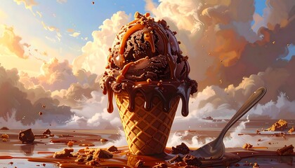 Delicious chocolate ice cream cone with sauce and a spoon against a cloudy sky