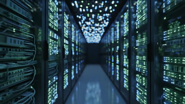 Moving through a futuristic data center corridor with blinking server racks. Cloud computing and big data technology. Network infrastructure and information storage animation