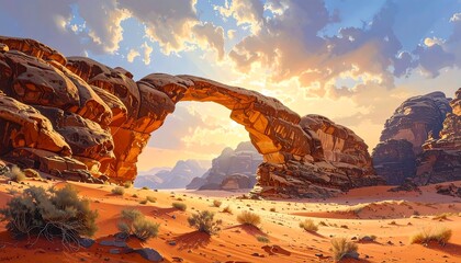 Dramatic landscape with a natural rock arch under a cloudy sky in a desert
