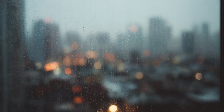 Blurry Cityscape Through Rain-Soaked Window. Urban Serenity And Reflection
