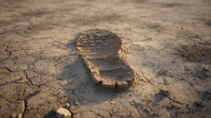 Footprint On Dry Cracked Earth Surface. Symbol Of Human Impact On Environment