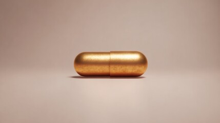Golden Capsule On Minimalist Background. Symbol Of Luxury And Health