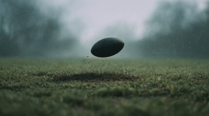 Rugby Ball In Mid-Air On Grassy Field During Rainy Day. Capturing The Dynamic Motion Of Sports