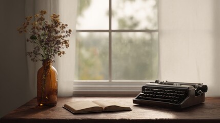Vintage Typewriter And Open Book On Wooden Desk By Window. Nostalgic Writing Atmosphere