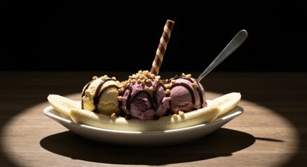 Banana split with ice cream, nuts, chocolate sauce, and a wafer stick