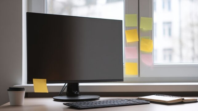 Computer Monitor On Office Desk With Sticky Notes And Coffee Cup. Workspace Organization And Productivity