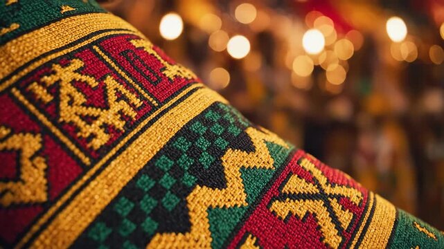 Extreme close-up of traditional African Kente cloth fabric. Detailed texture and vibrant geometric patterns on a person's shoulder. Cultural heritage and celebration concept