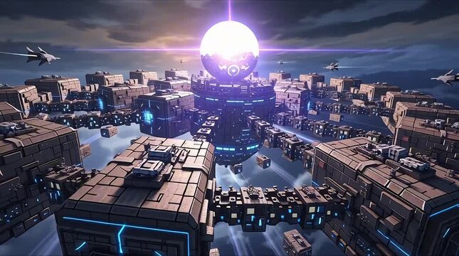 A sprawling futuristic metropolis floating in the clouds, powered by a central glowing purple energy core with advanced spacecraft flying around the city