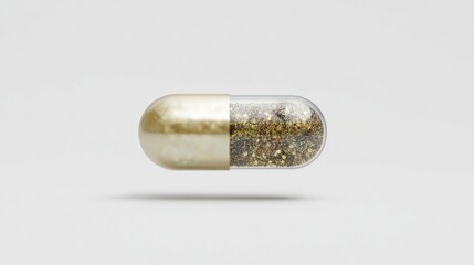 Golden Capsule With Glittering Particles On White Background. Symbol Of Luxury And Innovation In Pharmaceuticals