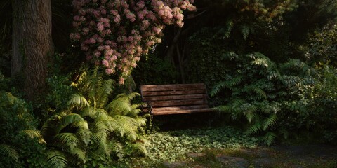 Wooden Bench Surrounded By Lush Greenery And Pink Flowers In A Tranquil Garden. Peaceful Nature Retreat