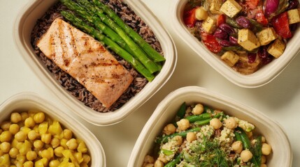 Assorted Healthy Meal Prep Containers With Salmon, Tofu, And Vegetables. Nutritious And Balanced Diet Options