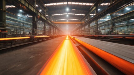 Steel Production Line In Industrial Factory With Glowing Hot Metal. Manufacturing Process In Heavy Industry
